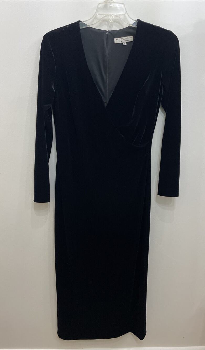 Vtg Andrea Polizzi Rex Lester Stretch Velvet Black Faux Wrap Dress MEDIUM Q12
